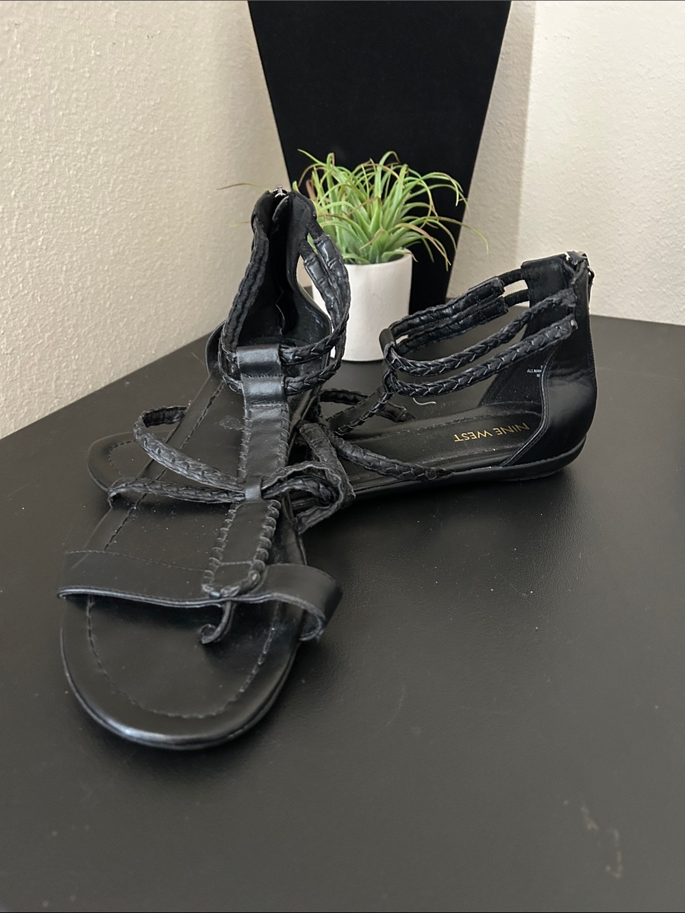 Nine West Black Braided Gladiator Sandals Zippered Backs Women